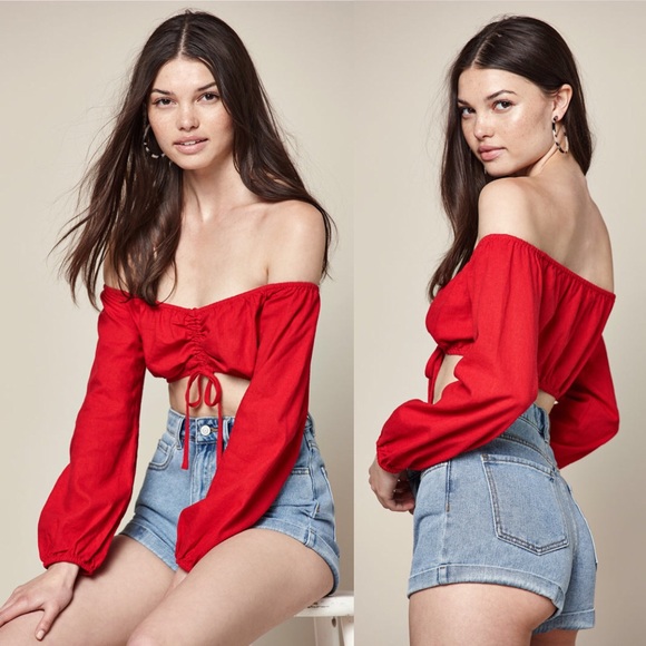 Red Long Sleeve Cinched Off-the-Shoulder Crop Top - Picture 2 of 4